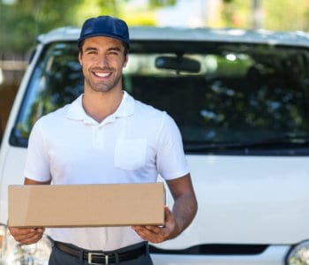 delivery person holding cardboard box while standing by van